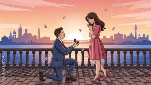 Man proposing marriage with engagement ring to woman on waterfront promenade romantic city skyline at sunset illustration for love and commitment