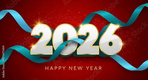 A professional vector illustration for a Happy 2026 New Year greeting card, banner, or poster, featuring elegant 3D numbers, a dynamic blue ribbon, and gold glitter on a vibrant red background.