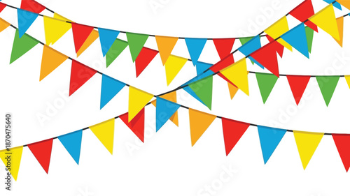 Vibrant color paper triangular flags strung together on two parallel strings against a clean white background with a festive atmosphere.