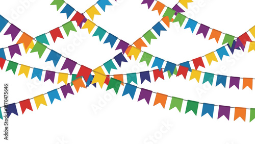 Vibrant color paper triangular flags hanging in rows against a clean white background with a playful and festive mood.
