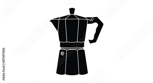 A striking black geometric representation of a moka pot showcasing its iconic design as a silhouette