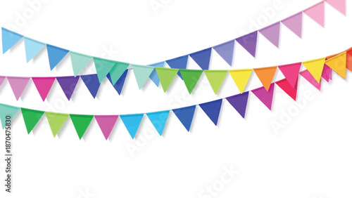 Vibrant color paper triangular flags hang against a clean white background in a festive and celebratory setting with bright hues.