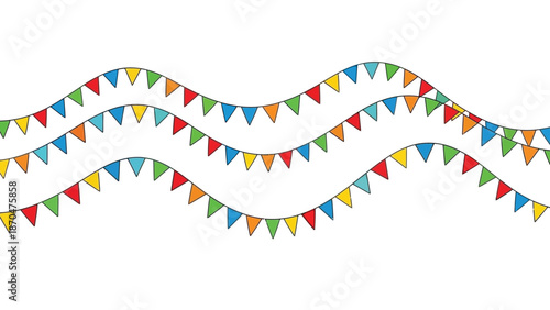 Colorful paper triangular flags strung together in two rows on strings against a white background, creating a festive atmosphere with vibrant hues.