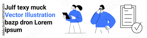 Teamwork, task management, planning, productivity, decision-making, workflow. Two people interacting with a checklist icon. Teamwork and task management