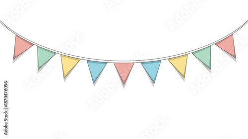 Colorful paper triangular flags hanging on a string against a clean white background.
