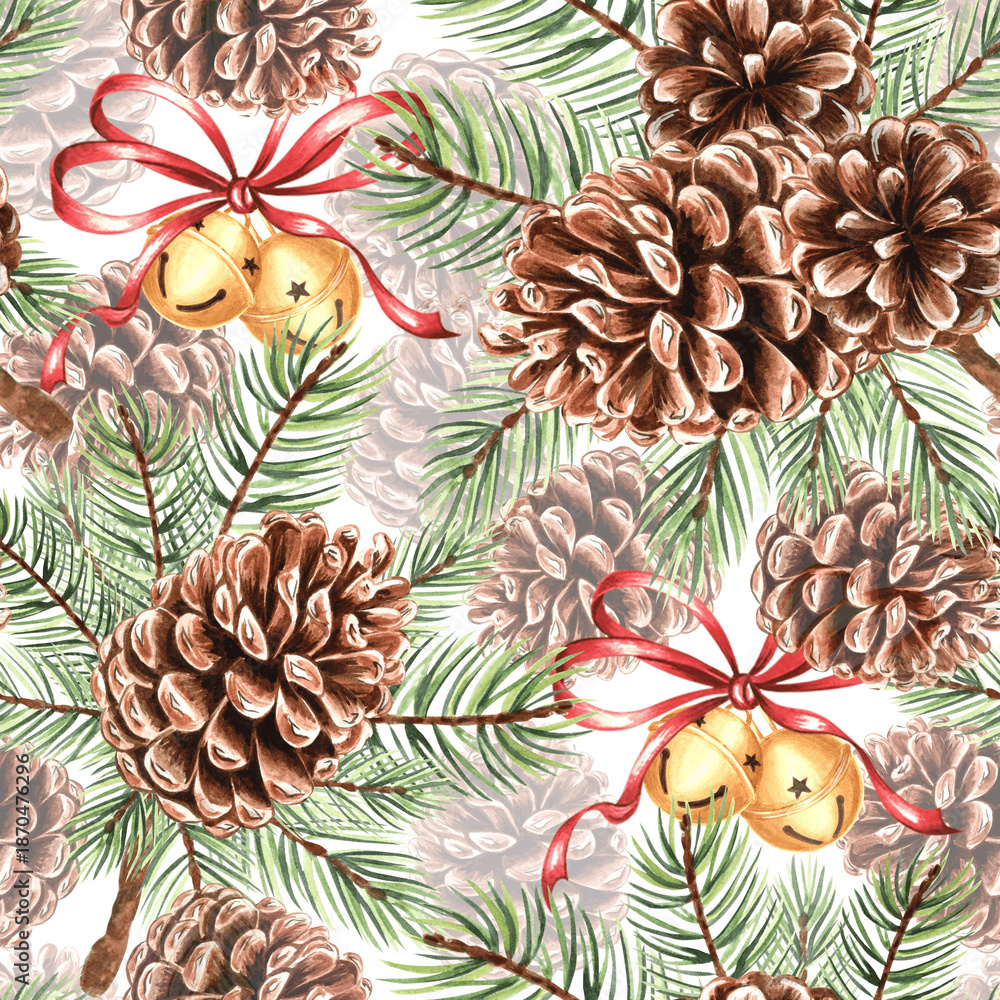 Fototapeta premium Watercolor pine branches with cones and round bells with bows seamless pattern for Christmas. Hand-drawn illustration spruce twig for winter holiday decor. Conifer plant natural background for textile