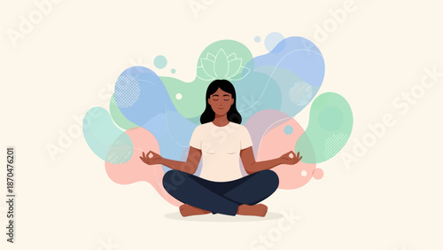 This image illustrates mindfulness, mental wellness, and meditation practices through a calm and soothing vector illustration. It features a relaxed person in a meditative pose surrounded by abstract 