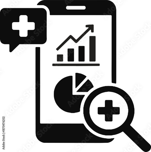 Digital health analytics icon with smartphone, medical charts and magnifying glass