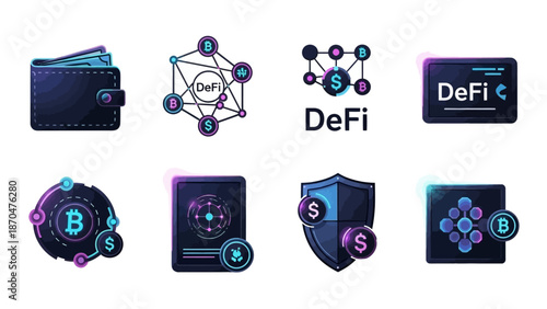This image illustrates decentralized finance and blockchain security concepts using modern flat-style icons and digital symbols. It features interconnected nodes, secure wallets, shields, and cryptocu