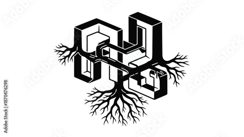 Abstract geometric structure intertwined with organic root system, symbolizing growth and complexity.