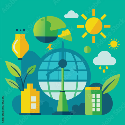 Renewable energy and sustainable city illustration with global eco concept