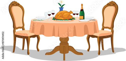Festive dinner table setup, roasted turkey centerpiece, wine glasses, elegant chairs, holiday celebration scene, flat vector illustration for stock