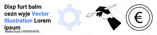 Creativity, technology, finance, economy, crafting, illustration. A hand holds a pen, a gear icon and a Euro symbol . Creativity and technology meet economic