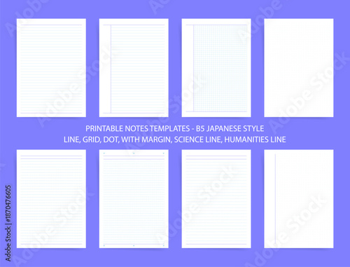 Minimalist B5 Japanese Notes Planner Templates Set with Line Grid Dot Pages, Margin Layouts, Study and Writing Paper, Printable Notebook Sheets for School Office and Personal Organizer