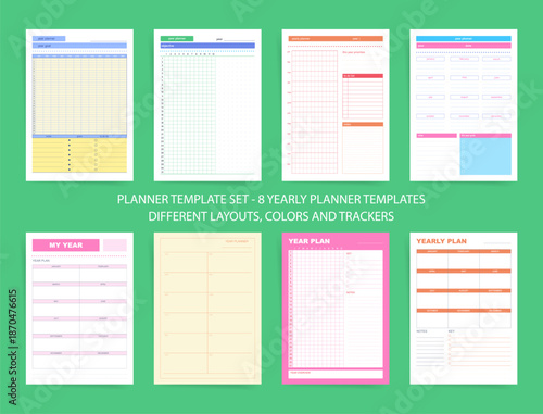 Yearly Planner Template Set with 8 Annual Planning Layouts, Colorful Year Overview Goal Tracker Calendar Pages for Personal Productivity Organization and Printable Life Planning
