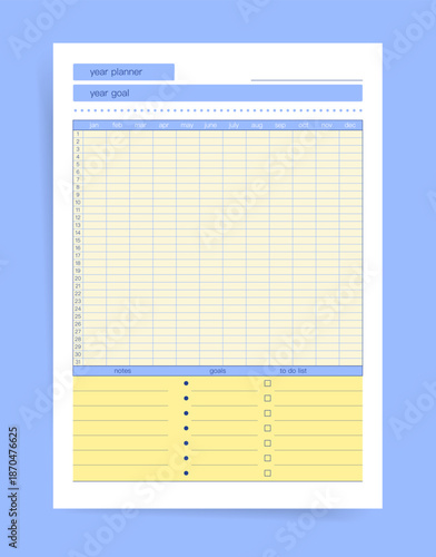 Year Planner Goal Overview Template with Monthly Table and Notes Section, Clean Annual Planning Layout for Goals Tasks and To Do Lists, Printable Productivity Organizer Page Vector Design