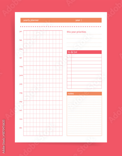 Colorful Yearly Planner Template with Monthly Blocks Priority List and Notes Sections, Modern Annual Planning Layout for Tasks Goals and Organization, Printable Personal Organizer Page Vector Design