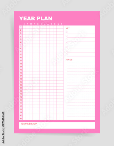 Year Plan Grid Planner Template with Monthly Tracker Table Key and Notes Sections, Modern Annual Productivity Layout for Goal Tracking and Planning, Printable Organizer Page in Pink Minimal Vector.