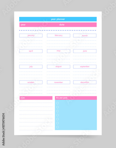 Minimal Year Planner Template with Monthly Columns Notes and Goal Checklist, Clean Annual Overview Layout for Personal Planning and Productivity Tracking, Printable Organizer Page Vector Design