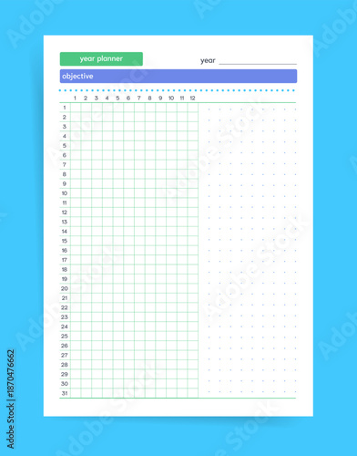 Minimalist Year Planner Objective Tracker Template with Monthly Grid and Dot Notes Layout, Clean Annual Planning Page for Goals Progress and Productivity, Printable Organizer Sheet Vector Design
