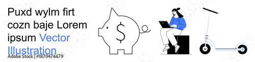 Financial planning, remote work, urban mobility, savings strategies, digital productivity, eco-friendly transport. A piggy bank, seated person with laptop and scooter . Financial planning and remote