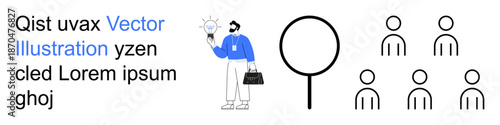 Idea generation, innovation, teamwork, recruitment, career development, analysis. A man holds a lightbulb, a magnifying glass and stylized group figures. Idea generation and recruitment concept
