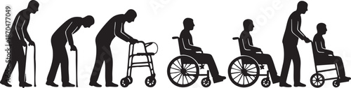Elderly Mobility Silhouettes Stages of Aging and Disability Icons Set Isolated