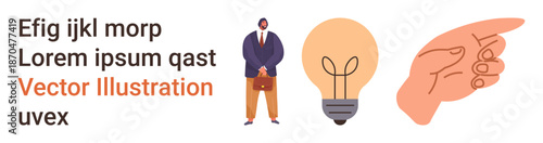 Innovation, decision making, business strategy, education, creativity, guidance. Man holding a briefcase, lightbulb pointing hand. Innovation and decision making