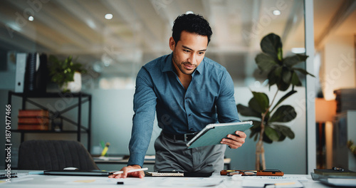 Photos Finance, review or man in office with tablet, funding ideas or data analysis for budget pitch