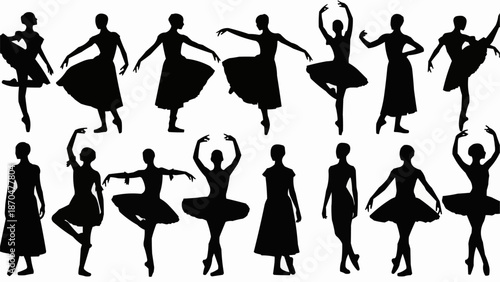 Silhouettes of ballet dancers in various poses and costumes.