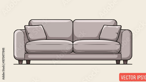 Modern Gray Sofa with Cushions Vector Illustration.