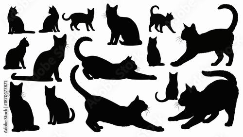 Collection of Black Cat Silhouettes in Various Poses.