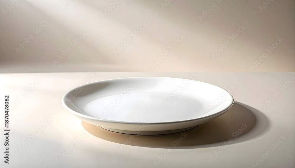 Fototapeta premium Plato blanco de cerámica con diseño minimalista sobre fondo claro y luz natural suave