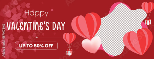 Valentine wishes card and web banner template featuring romantic land design and premium 3D heart vector illustration background