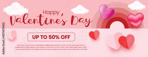 Romantic Valentine sale promotion  website banner and header template with love celebration party theme and premium 3D heart vector illustration background