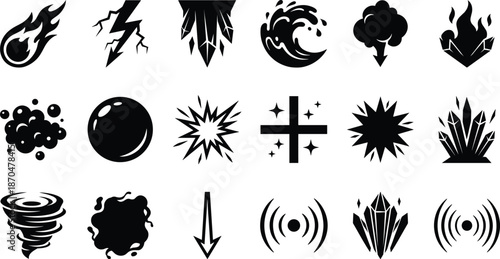 Elemental Magic Effect Silhouettes - Fire, Lightning, Ice Shard, Water Wave, and Explosion Icons
