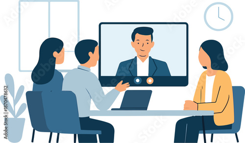 Business team video conference meeting with remote collaboration and online communication illustration