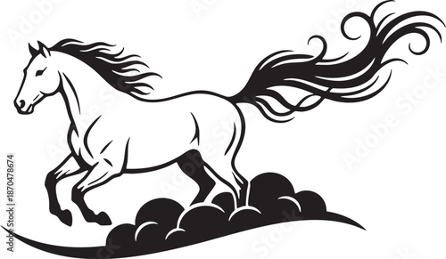 Horse Galloping Silhouette Vector Logo, Running Stallion Minimalist Line Art Isolated on White