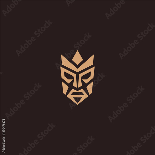 Geometric abstract totem mask logo inspired by ancient symbolism and culture.