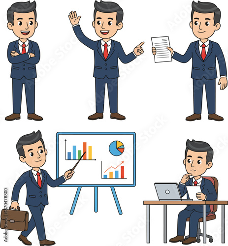 Businessman character constructor, business young man in suit, different poses set, showing different poses and gestures set vector illustration