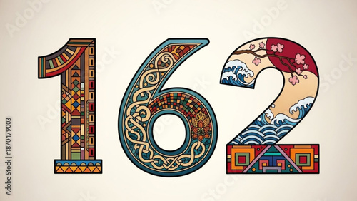 Decorative numbers 162 with intricate patterns and cultural motifs ideal for design projects and creative typography