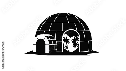 Whimsical igloo illustration with tropical palm trees visible inside.