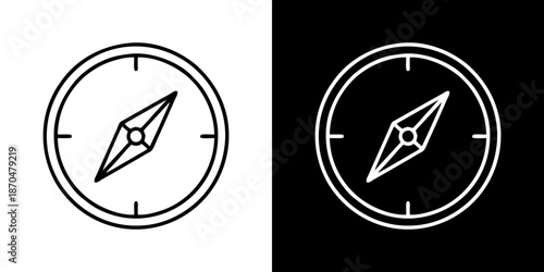 A sleek line art compass icon in black and white, symbolizing direction, navigation, and exploration