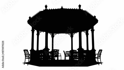 Silhouette of a Victorian bandstand with chairs and tables.
