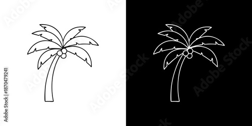 Vector outline of a coconut palm tree with coconuts, isolated on a white and black background