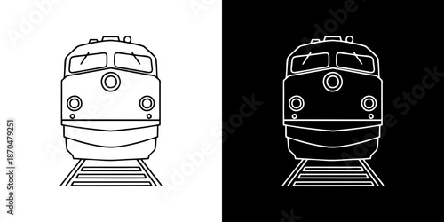 Clean vector illustration featuring the front view of a traditional train locomotive with railway tracks, presented as a distinct icon on dual color schemes for versatile graphic design applications