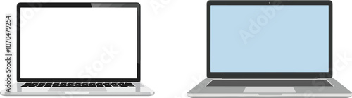 Two open laptops with blank screens on a white background, one with a blue screen and the other with a white screen, showcasing modern technology and digital devices