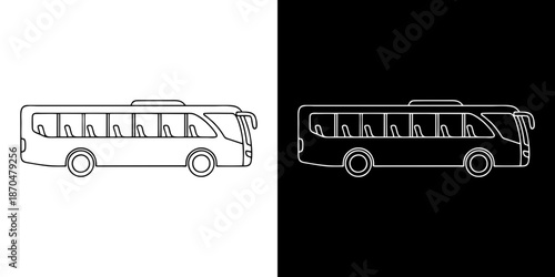 Outline illustration of a public transport bus with passenger windows against a white and black background