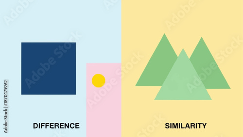 Concept of difference and similarity shown with geometric shapes.