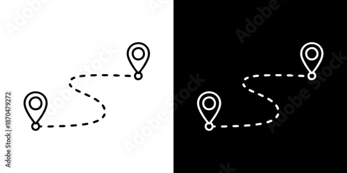 Map route pins and dotted line path indicating navigation and travel. Discover locations on a journey with pinpoint markers